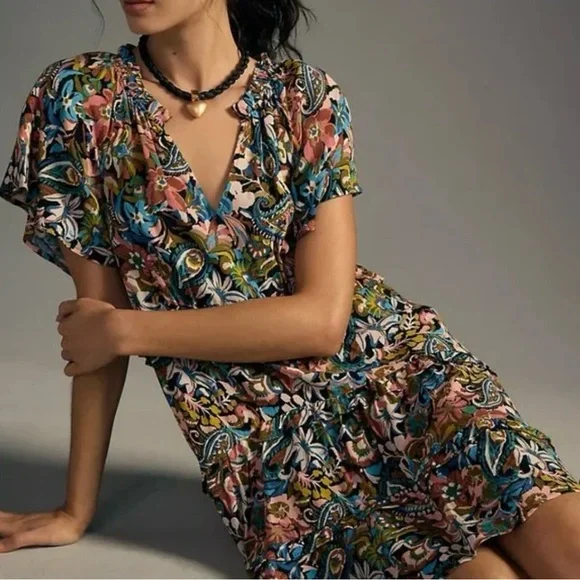 XL By Anthropologie-Robin green blue + pink Paisley tiered ruffle mini dress.XL - Picture 2 of 16